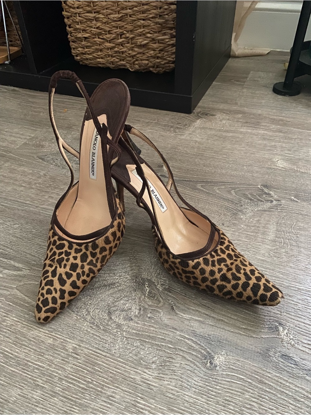 Manolo Blahnik Calf Hair Leopard Print Slingback Pumps - Brown/Black